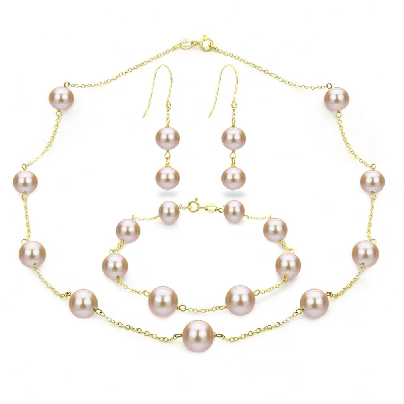 Women’s elegant bangles-Women’s elegant bangles-DaVonna 18k Gold over Silver Pink Freshwater Pearl Necklace Bracelet and Hoop Dangle Earring Set