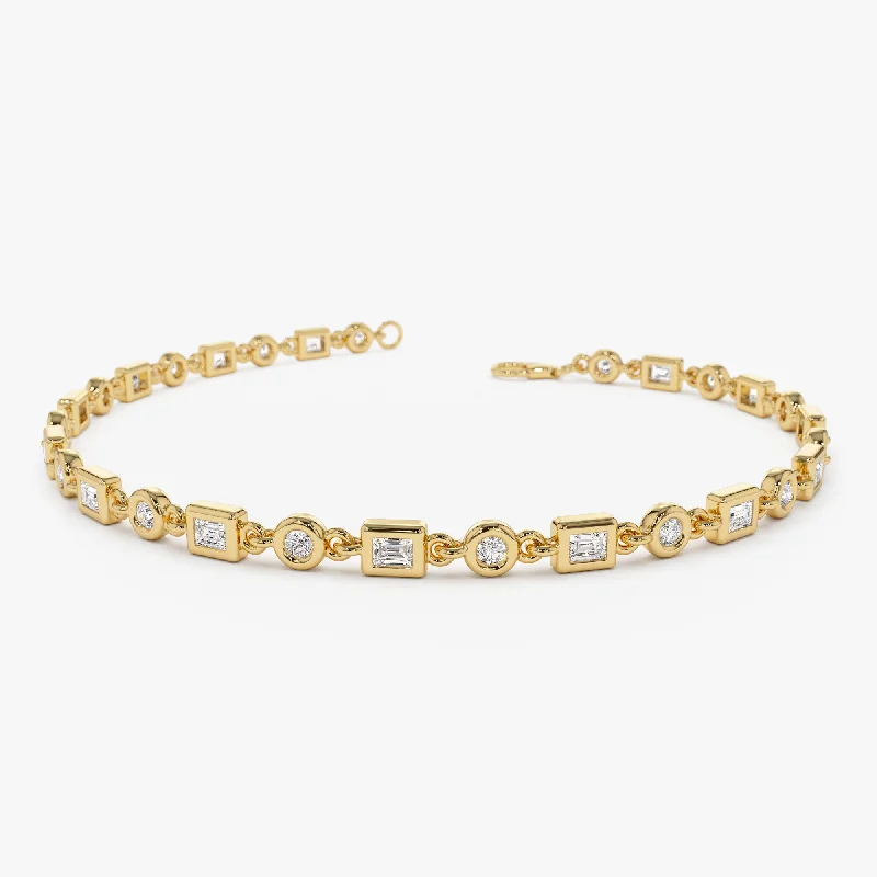 Women’s gemstone bangle bracelets-Women’s gemstone bangle bracelets-14K Gold Round and Baguette Diamond Bracelet