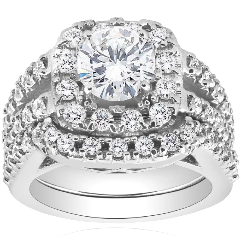 Women’s diamond eternity engagement rings-Pompeii3 14k White Gold 2 3/8ct TDW Cushion Halo Diamond Engagement Ring Matching Guard Wedding Band Set Clarity Enhanced