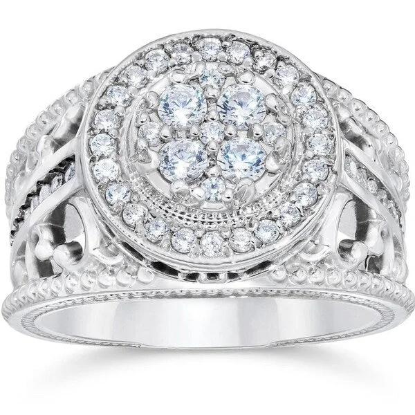 Women’s three-stone engagement rings-10k White Gold 1ct TDW Halo Diamond Pave Engagement Ring