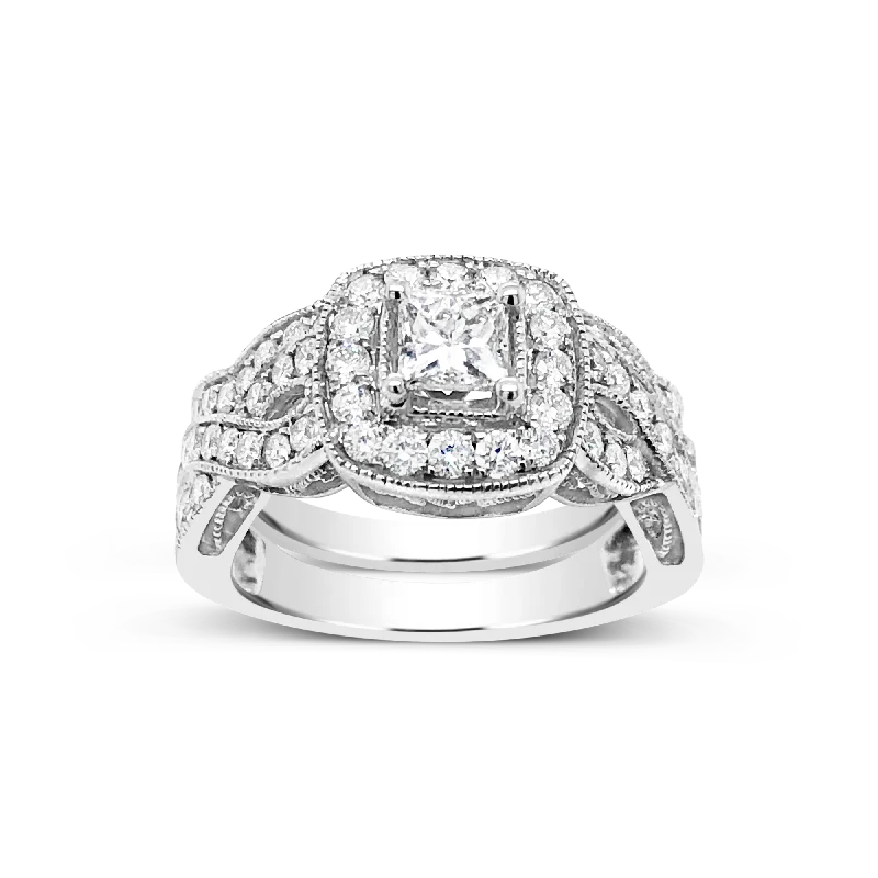 Women’s solitaire diamond engagement rings-Diamond Halo Engagement Ring 1.52 CTW Princess w/ Round Cut 14K White Gold