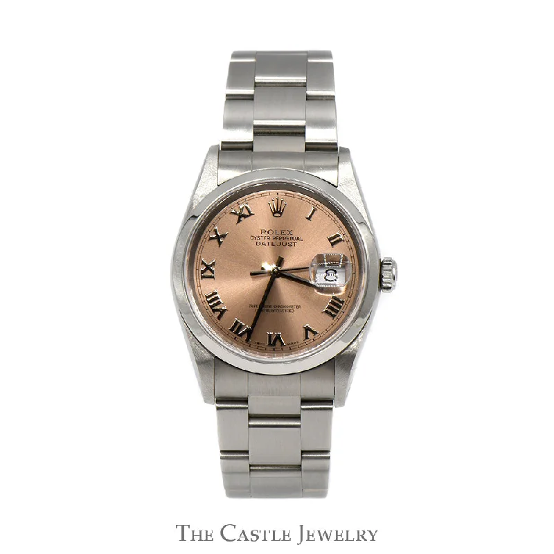 Women’s silver tennis bracelets-Women’s silver tennis bracelets-Rolex Datejust 16200 with Rose Dial and Roman Numeral Hour Markers on Oyster Bracelet