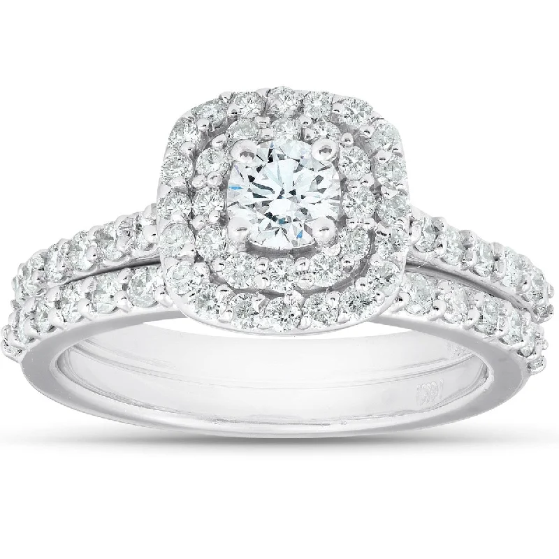 Women’s art nouveau engagement rings-1 1/10Ct Cushion Halo Diamond Halo Engagement Wedding Ring Set 14k White Gold