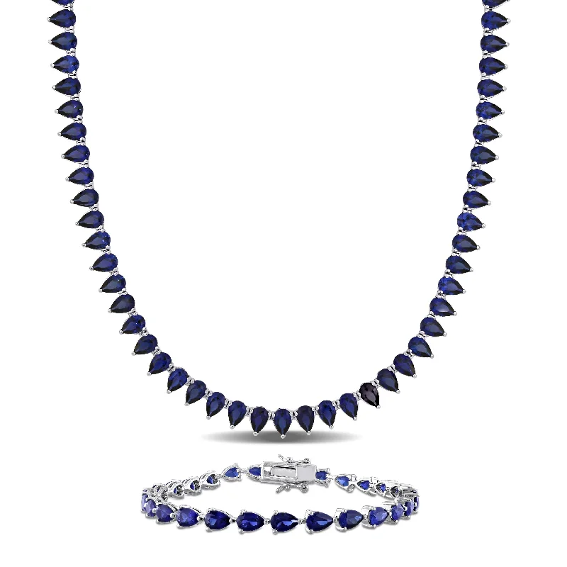 Women’s luxury bracelets-Women’s luxury bracelets-Miadora 58ct TGW Created Blue Sapphire Tennis Necklace and Bracelet Sterling Silver-18 + 7.25 in