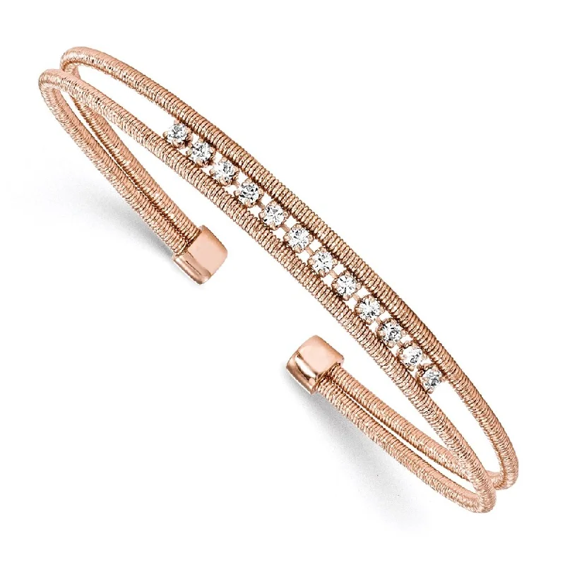 Women’s colorful bracelets-925 Sterling Silver Rhodium-plated Rose Gold-plated 5.75mm Cubic Zirconia Woven Cuff Bracelet, 6.5"