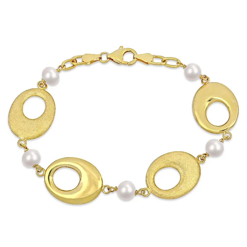 Women’s tennis bracelets-Women’s tennis bracelets-Miadora Cultured Freshwater Pearl Oval Disc Station Chain Bracelet Yellow Silver