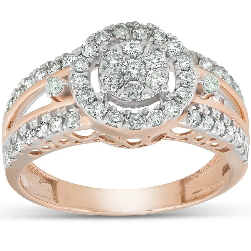 Women’s classic engagement rings-Pompeii3 10k Rose Gold 3/4 Ct TDW Round Halo Diamond Engagement Multi Band Ring