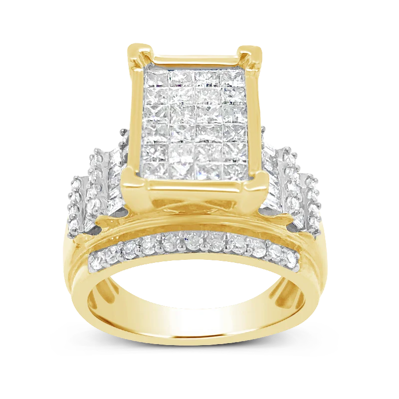 Women’s platinum diamond engagement rings-Diamond Engagement Ring 2 CTW Princess & Round Cut w/ Baguettes 10K Yellow Gold