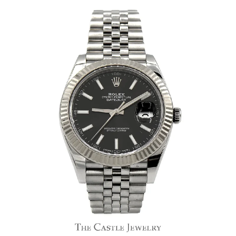 Women’s luxury gold bracelets-Women’s luxury gold bracelets-Rolex Datejust 126334 Quickset with Fluted Bezel and Black Dial in Stainless Steel Jubilee Bracelet