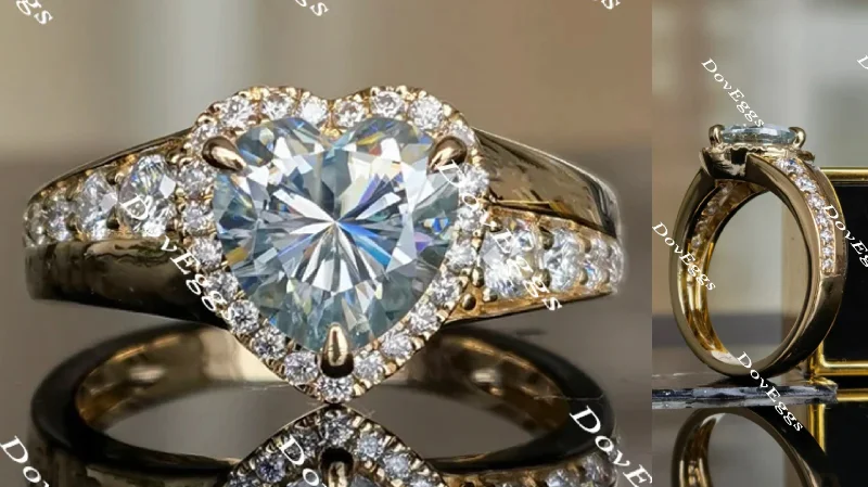 Women’s modern engagement rings-DovEggs halo heart Peacock blue moissanite engagement ring