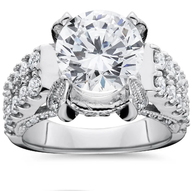 Women’s round engagement rings-4.50 Carat Large Lab Grown Diamond Engagement Ring 14K White Gold Vintage