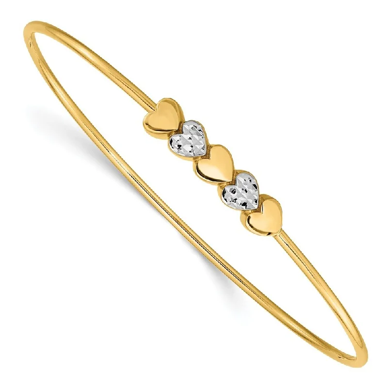 Women’s minimalist bracelets-14k Yellow & White Rhodium Diamond-Cut Hearts Slip On Bangle Bracelet, 7.5" (W-5.7mm)