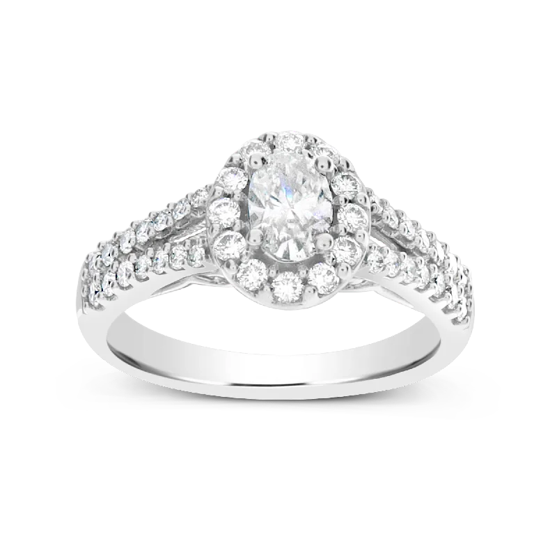 Women’s antique diamond engagement rings-Diamond Halo Engagement Ring 1 CTW Oval w/ Round Cut 14K White Gold