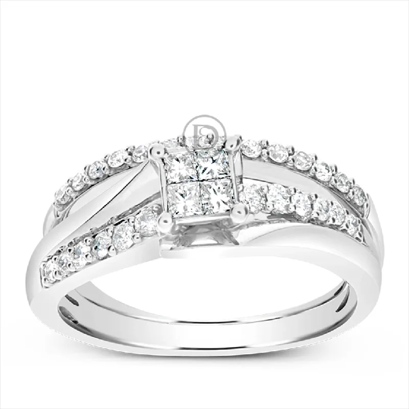 Women’s color stone engagement rings-Diamond Engagement Ring .50 CTW Princess w/ Round Cut 10K White Gold