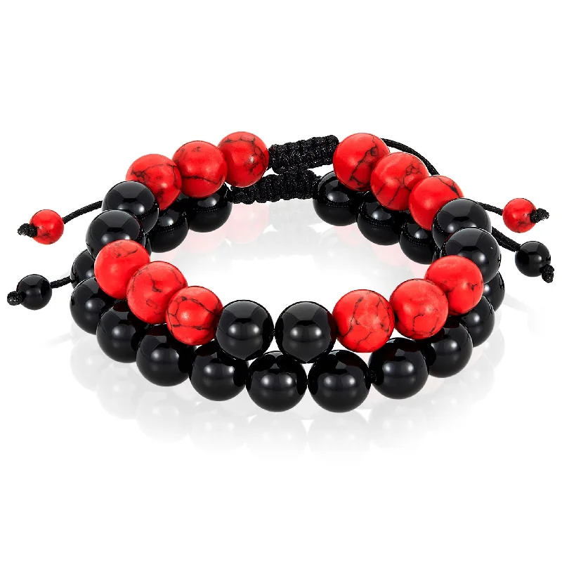 Women’s engraved bracelets-Women’s engraved bracelets-Men's Red Turquoise and Onyx Stone Adjustable Bracelet Set