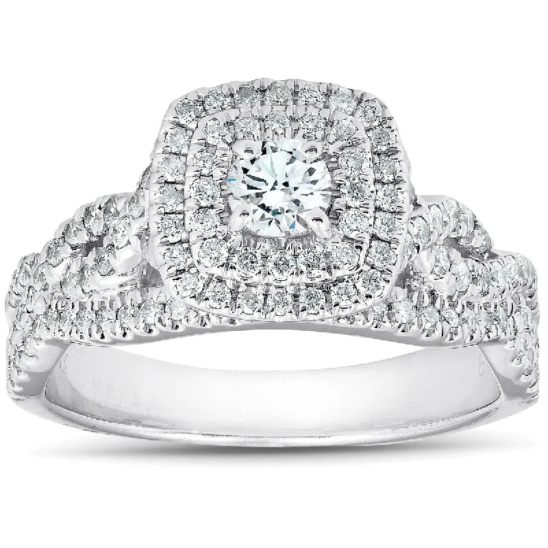 Women’s diamond pave engagement rings-3/4 Ct Diamond Cushion Halo Engagement Ring 14k White Gold