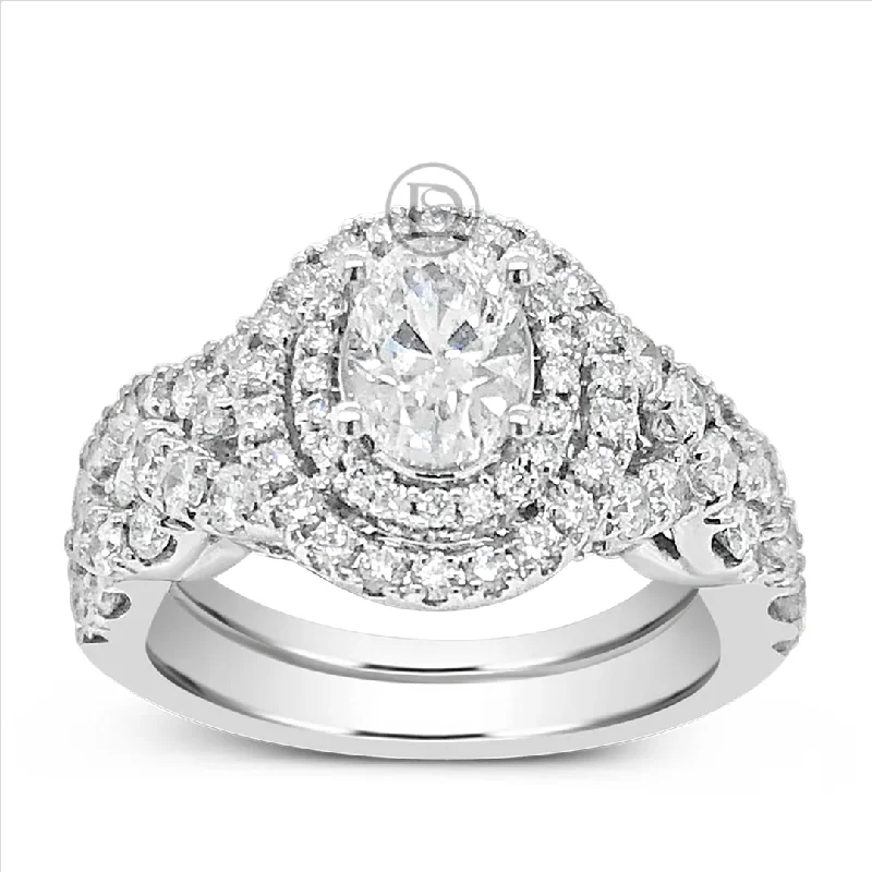 Women’s vintage solitaire engagement rings-Diamond Halo Engagement Ring 2 CTW Oval & Round Cut 14K White Gold