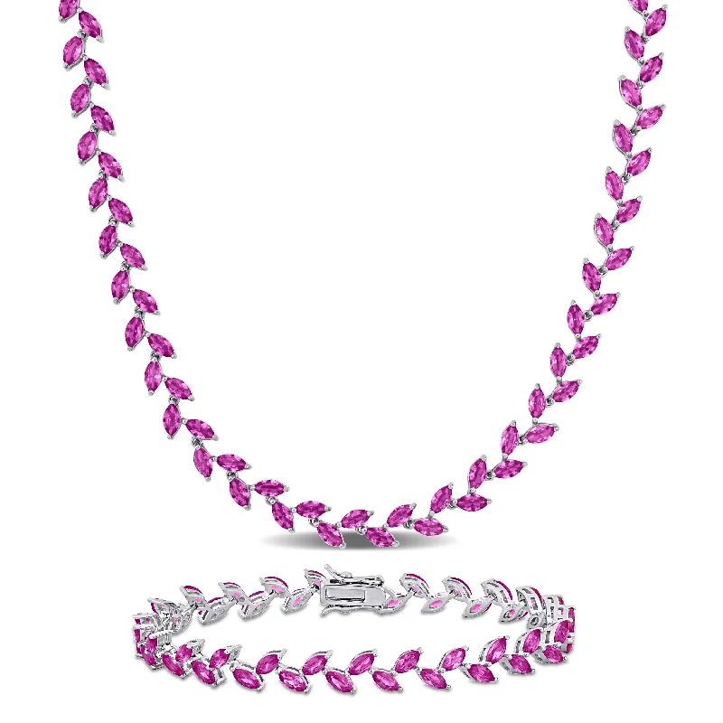 Women’s luxury gold bracelets-Women’s luxury gold bracelets-Miadora 41 1/2ct TGW Created Pink Sapphire Leaf Necklace and Bracelet Sterling Silver-17 + 7.25 in