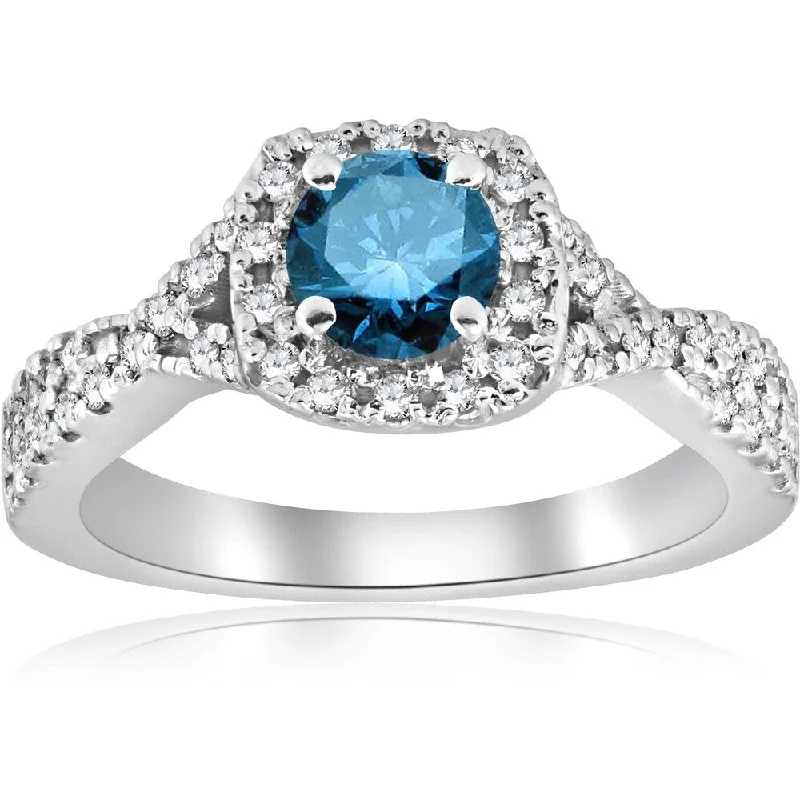 Women’s classic engagement rings-Pompeii3 14K White Gold 1 ct TDW Blue Diamond Cushion Halo Engagement Ring