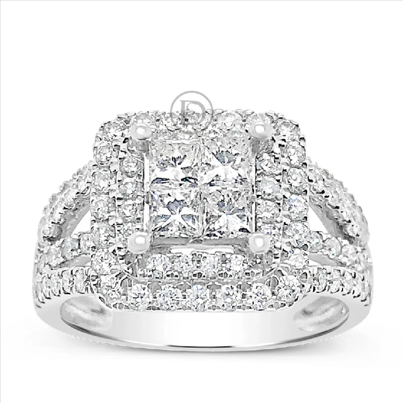 Women’s art deco engagement rings-Diamond Halo Engagement Ring 1.74 CTW Princess w/ Round Cut 14K White Gold