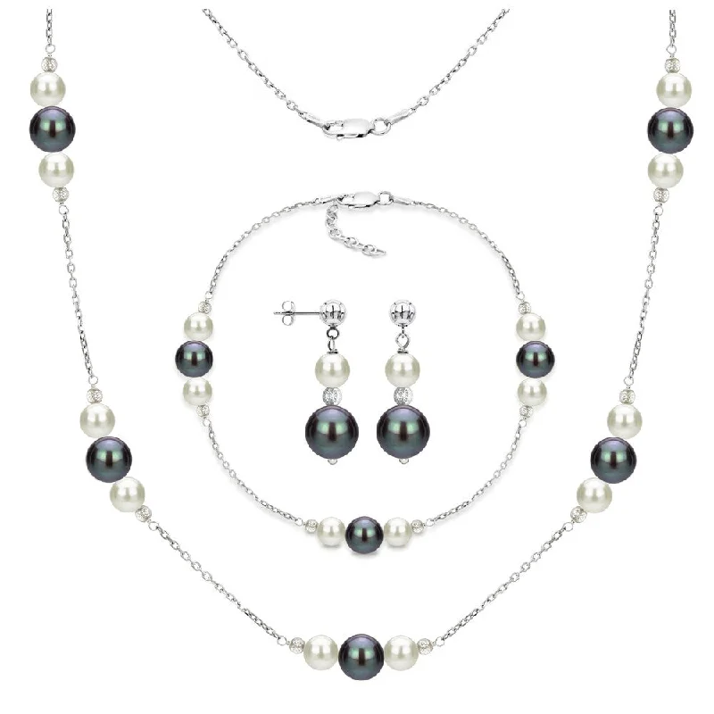 Women’s statement bangles-Women’s statement bangles-DaVonna Sterling Silver White and Black Freshwater Pearl Necklace Bracelet and Stud Dangle Earring Set.