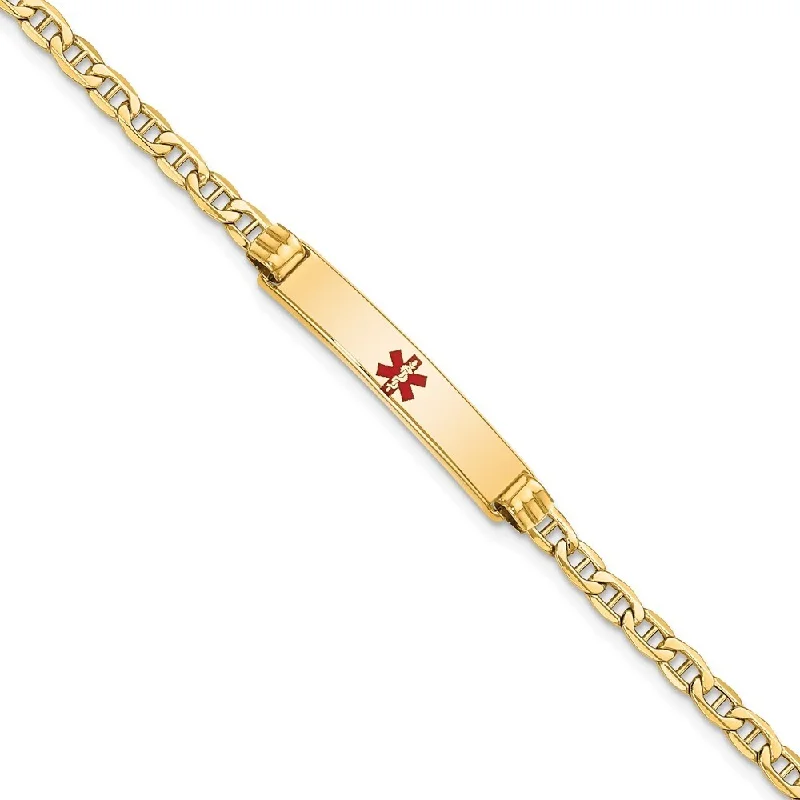 Women’s unique bracelets-14k Yellow Gold 5.5mm Semi-solid Medical Polished Red Enamel Anchor ID Bracelet, 7"