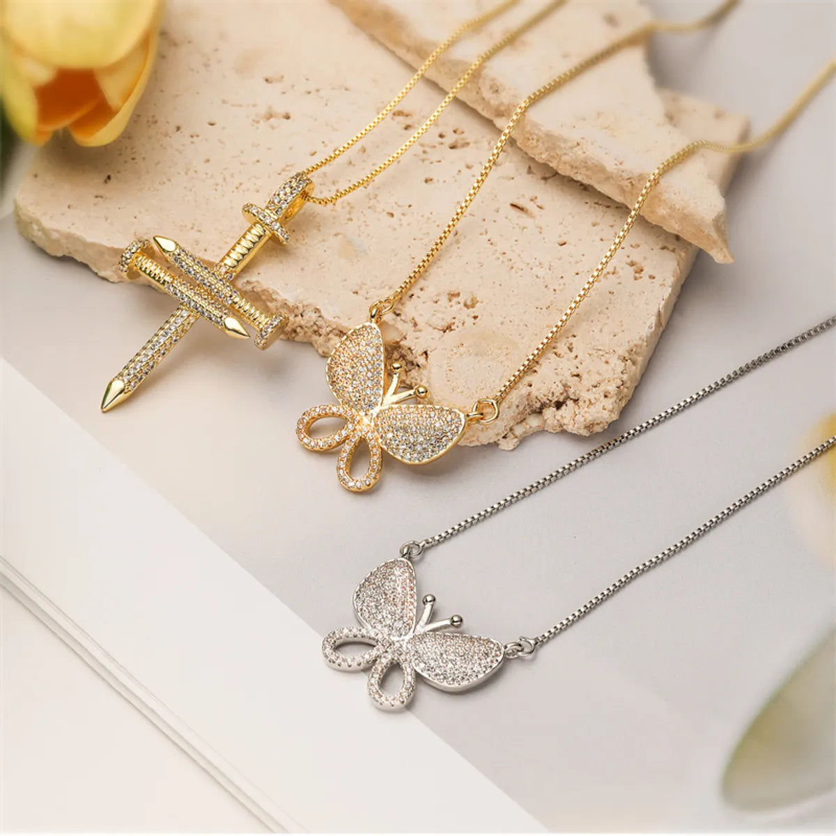 Women’s stylish necklaces-Copper Inlay Cross Butterfly Zircon Pendant Necklace