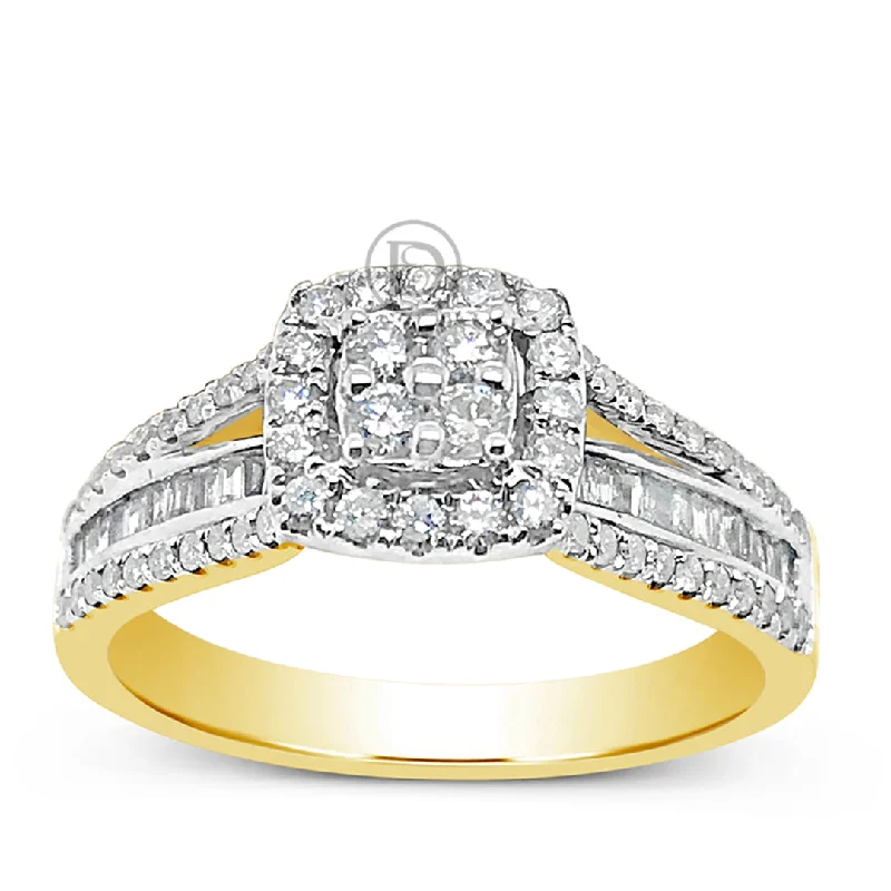 Women’s antique engagement rings-Diamond Halo Engagement Ring .50 CTW Round w/ Baguette Cut 10K Yellow Gold