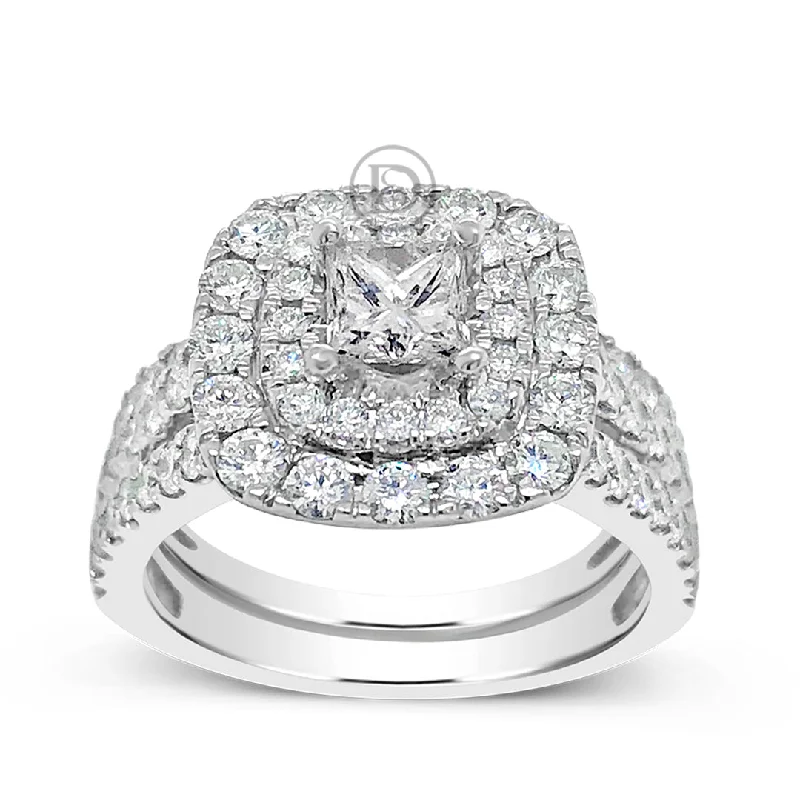 Women’s square diamond engagement rings-Diamond Halo Engagement Ring 2.04 CTW Princess Center w/ Round Cut 14K White Gold