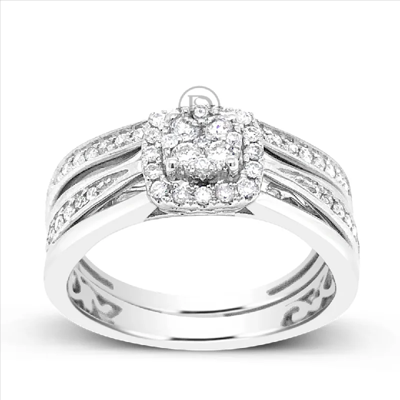 Women’s diamond trio engagement rings-Diamond Halo Engagement Ring .50 CTW Round Cut 14K White Gold