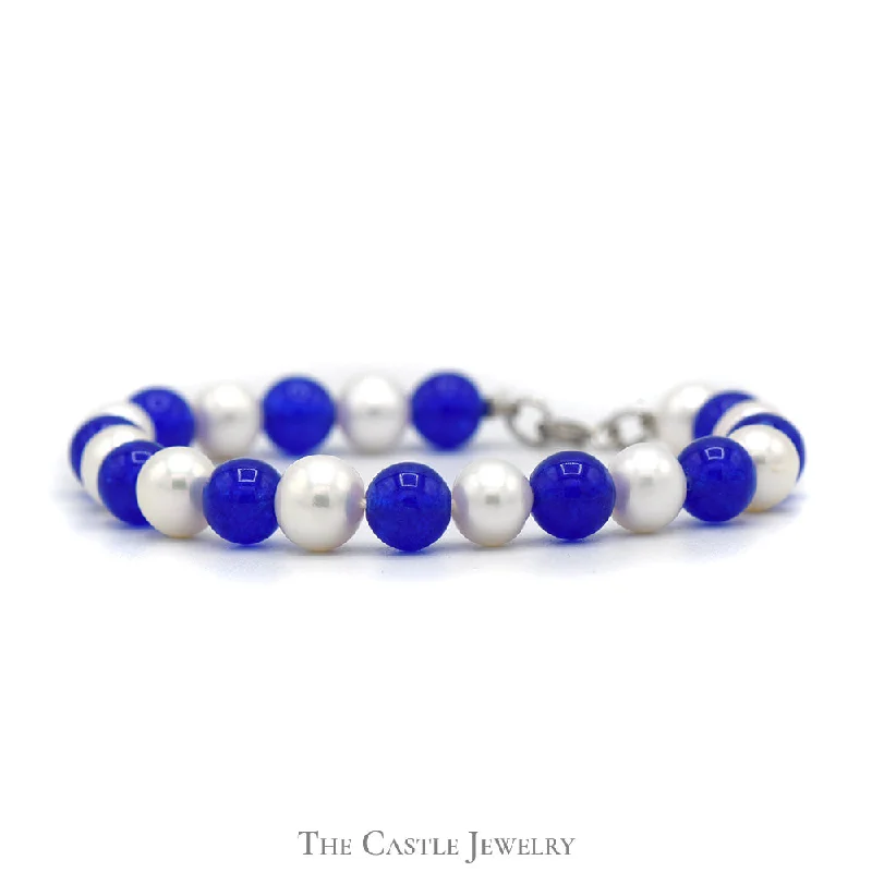 Women’s diamond-studded bracelets-Women’s diamond-studded bracelets-7(1/2) Inch 8mm Blue Agate and Pearl Bracelet in Sterling Silver