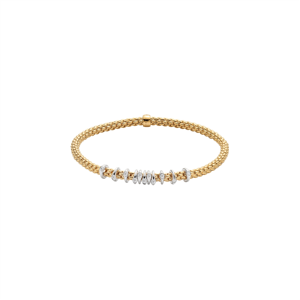 Women’s flexible bracelets-FOPE 18K Yellow Prima Collection Bracelet with White Gold Rondel and Diamonds