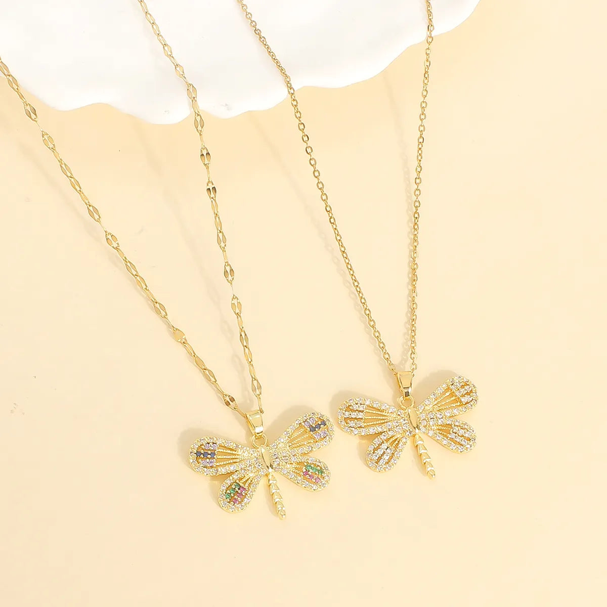 Women’s geometric pendant necklaces-Wholesale Casual Cute Vacation Dragonfly 304 Stainless Steel Copper Plating Inlay 18K Gold Plated Zircon Pendant Necklace