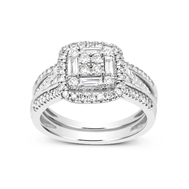 Women’s modern engagement rings-Diamond Halo Engagement Ring .65 CTW Round w/Baguette 14K white Gold