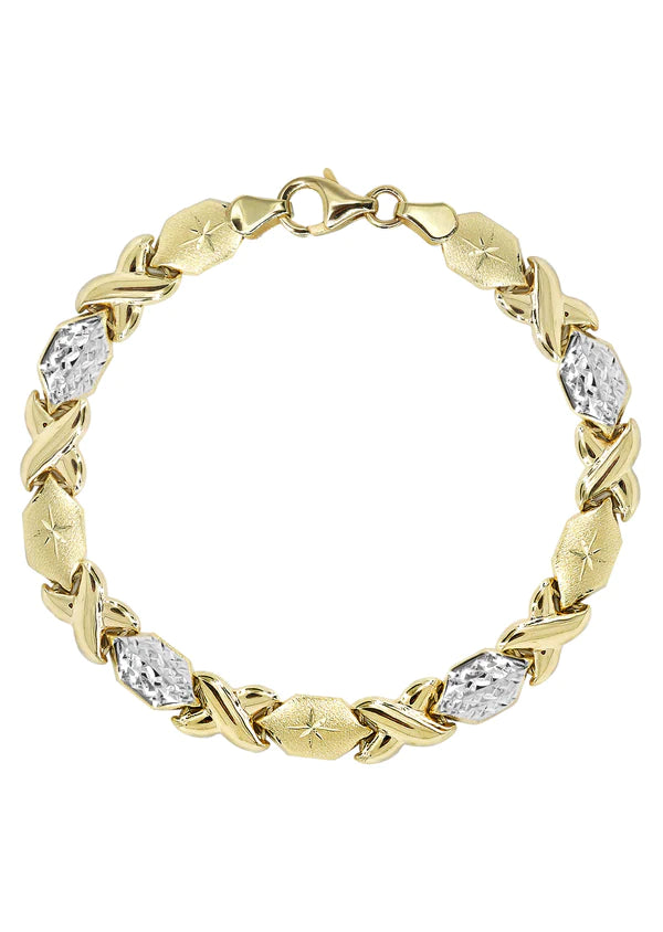 Women’s designer bracelets-YELLOW GOLD "XO" DIAMOND CUT TWO TONE BRACELET FOR WOMEN 10K/14K