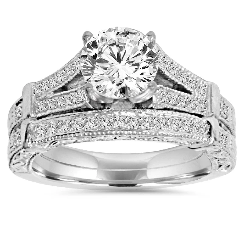 Women’s engraved solitaire engagement rings-14k White Gold 2 ct TDW Clarity Enhanced Diamond Vintage Engagement Wedding Ring Set