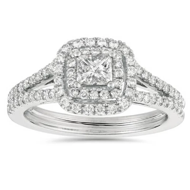 Women’s modern solitaire engagement rings-1ct Princess Cut Diamond Double Halo Engagement Ring 14K White Gold