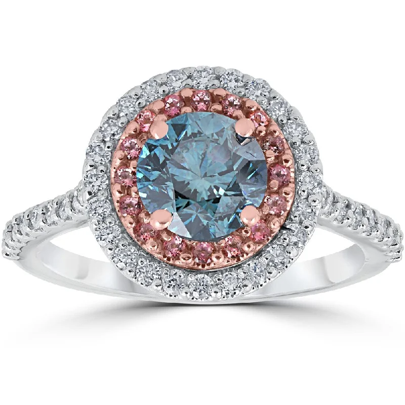 Women’s vintage emerald engagement rings-14k White & Rose Gold 1 5/8 ct TDW Blue & White Diamond Pink Topaz Double Halo Engagement Ring