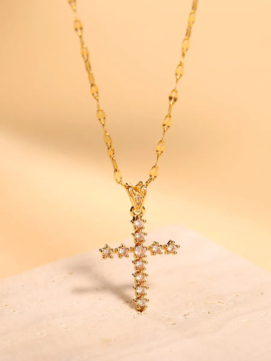 Women’s engraved necklaces-Glam Simple Style Cross Stainless Steel Plating Inlay Zircon 18k Gold Plated Pendant Necklace