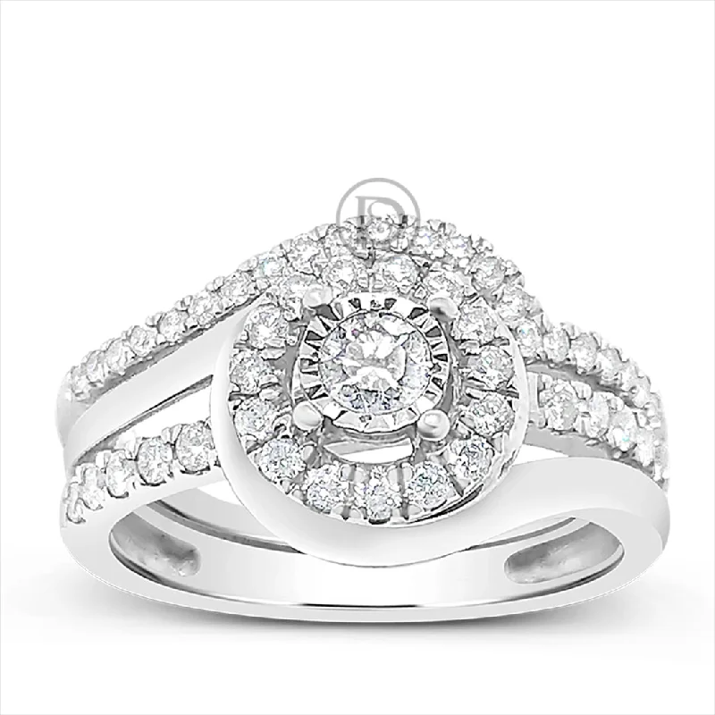 Women’s gold engagement rings-Diamond Halo Engagement Ring .65 CTW Round Cut 14K White Gold