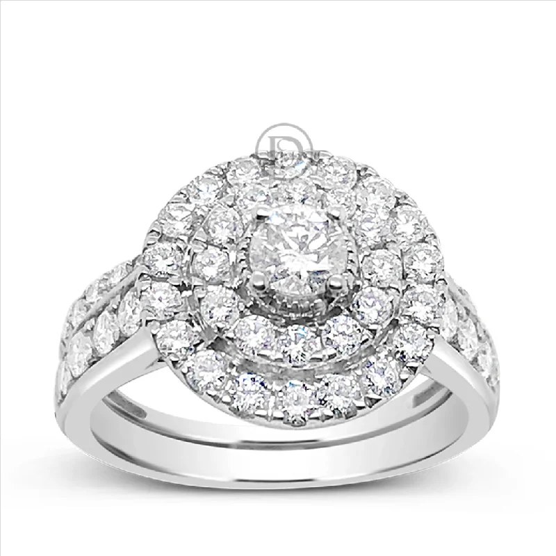 Women’s unique engagement rings-Diamond Halo Engagement Ring 1.75 CTW Round Cut 14K White Gold