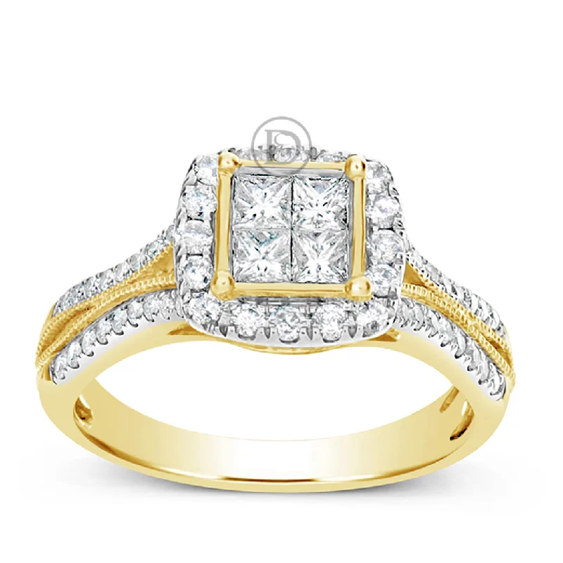 Women’s bezel-set engagement rings-Diamond Engagement Ring 1 CTW Princess & Round Cut 14K Yellow Gold