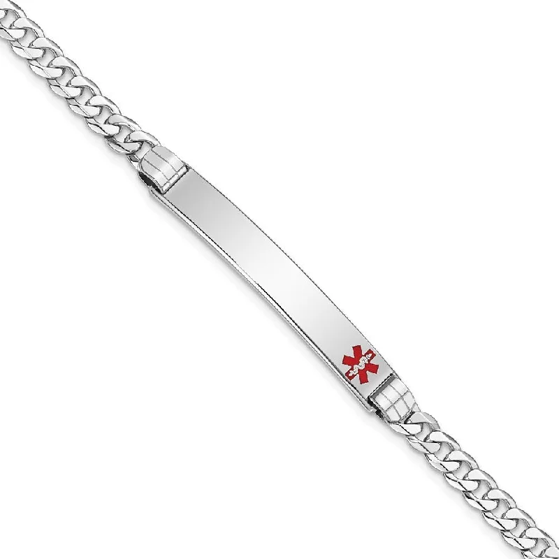 Women’s pearl bangles-14k White Gold 6.5mm Medical Red Enamel Flat Curb Link ID Bracelet, 7"