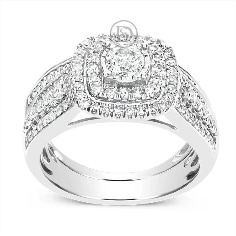 Women’s geometric engagement rings-Diamond Halo Engagement Ring 1 CTW Round Cut 14K White Gold Bridal Set