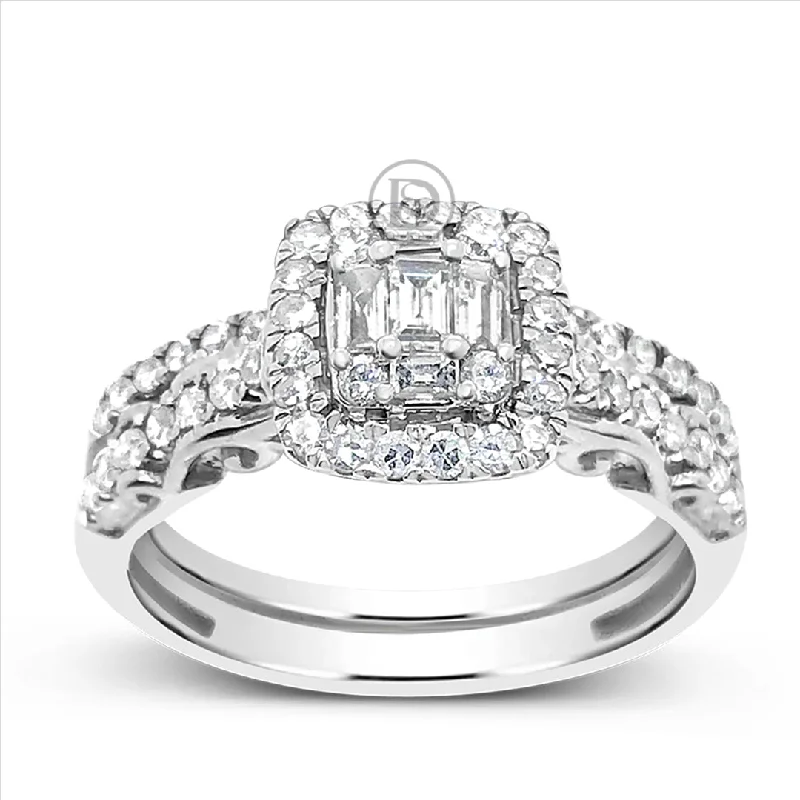 Women’s oval engagement rings-Diamond Halo Engagement Ring .75 CTW Baguettes w/ Round Cut 14K White Gold