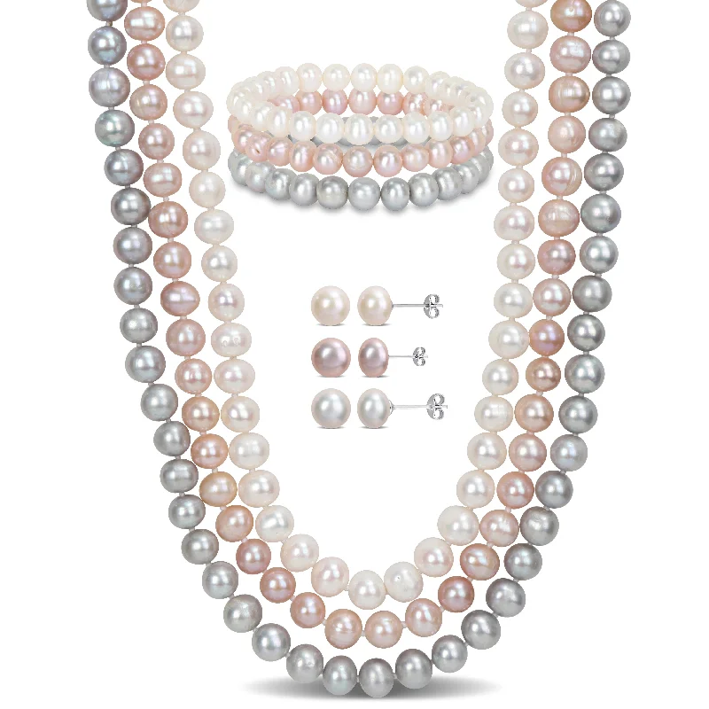 Women’s classic bangles-Women’s classic bangles-Miadora 7 Pc Set Of 7.5-8mm Multicolor FW Pearl 3 Strand 18.5+20+21.5" Necklace, Stretch Bracelets & 3 Pairs Earrings