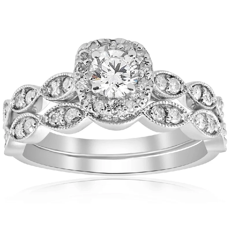 Women’s oval diamond engagement rings-14k White Gold 7/8 cttw Cushion Halo Diamond Engagement Wedding Ring Set Vintage (I-J,I2-I3)