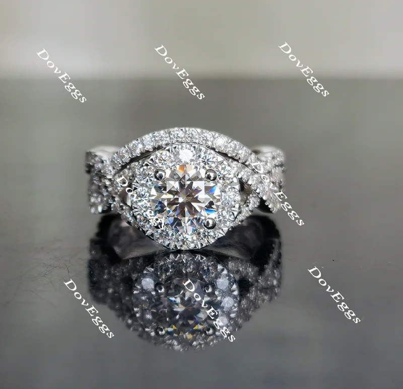 Women’s bespoke engagement rings-Doveggs curved band halo moissanite bridal set (2 rings: 1 e-ring+1 wedding band)