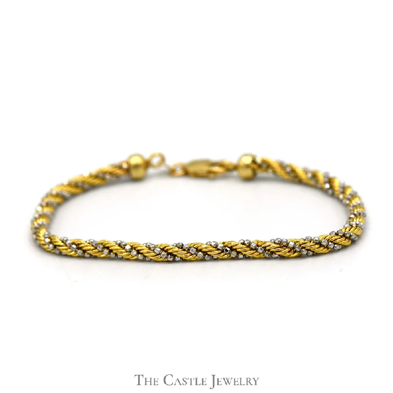 Women’s geometric bracelets-Women’s geometric bracelets-7 Inch Two Tone Intertwined Rope and Beaded Chain Bracelet in 14k Yellow and White Gold