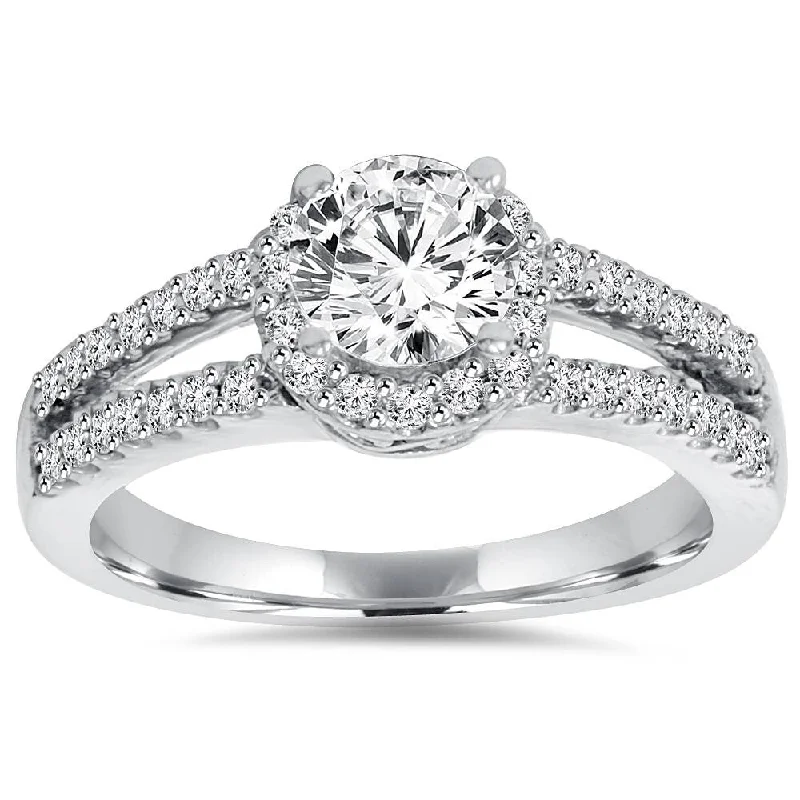 Women’s moissanite engagement rings-Pompeii3 14k White Gold 1 Ct TDW Halo Split Shank Engagement Ring Lab Grown (G-H/SI1-SI2)